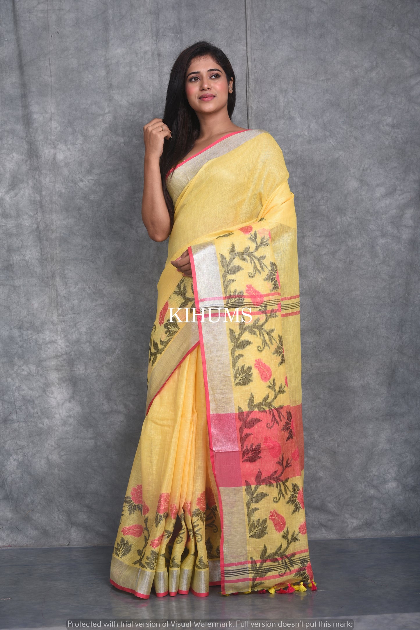Yellow Pure Linen Saree | Thread Woven Floral Design | Silver Zari borders | KIHUMS Saree
