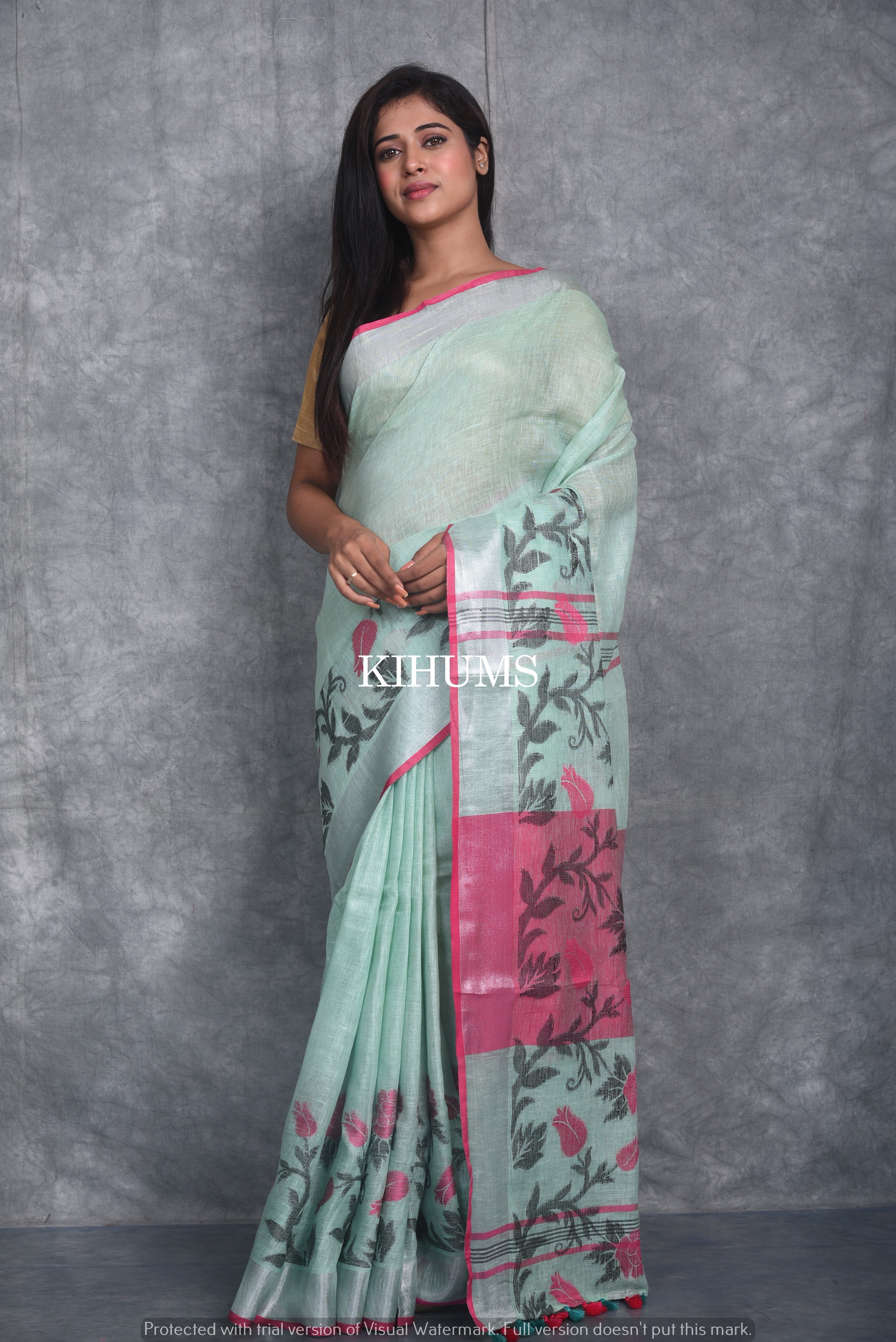 Pure Silk Linen Saree Pink Color Plain Handloom with Weaving Pattern Pallu  and running blouse-Indiehaat – Indiehaat.com