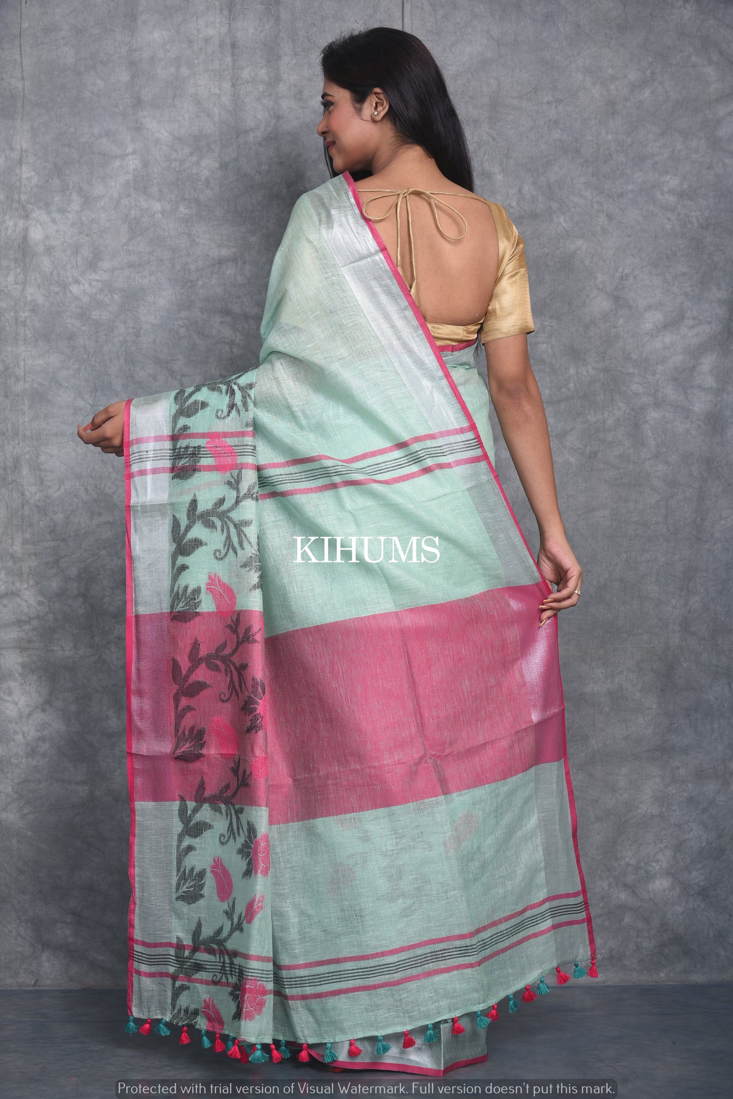Light Green Pure Handloom Linen Saree | Thread Woven Floral Design | Silver Zari borders | KIHUMS Saree