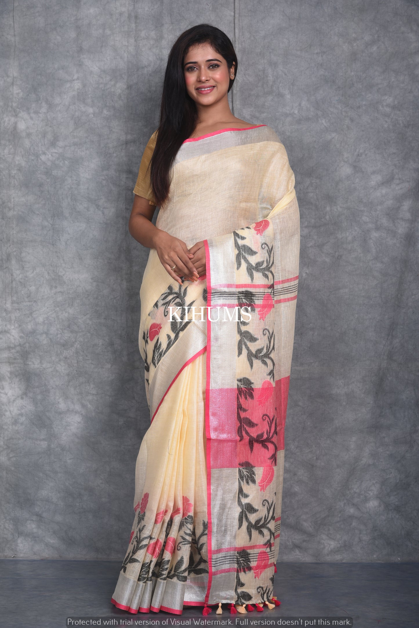 Light Yellow Pure Handloom Linen Saree | Thread Woven Floral Design | Silver Zari borders | KIHUMS Saree