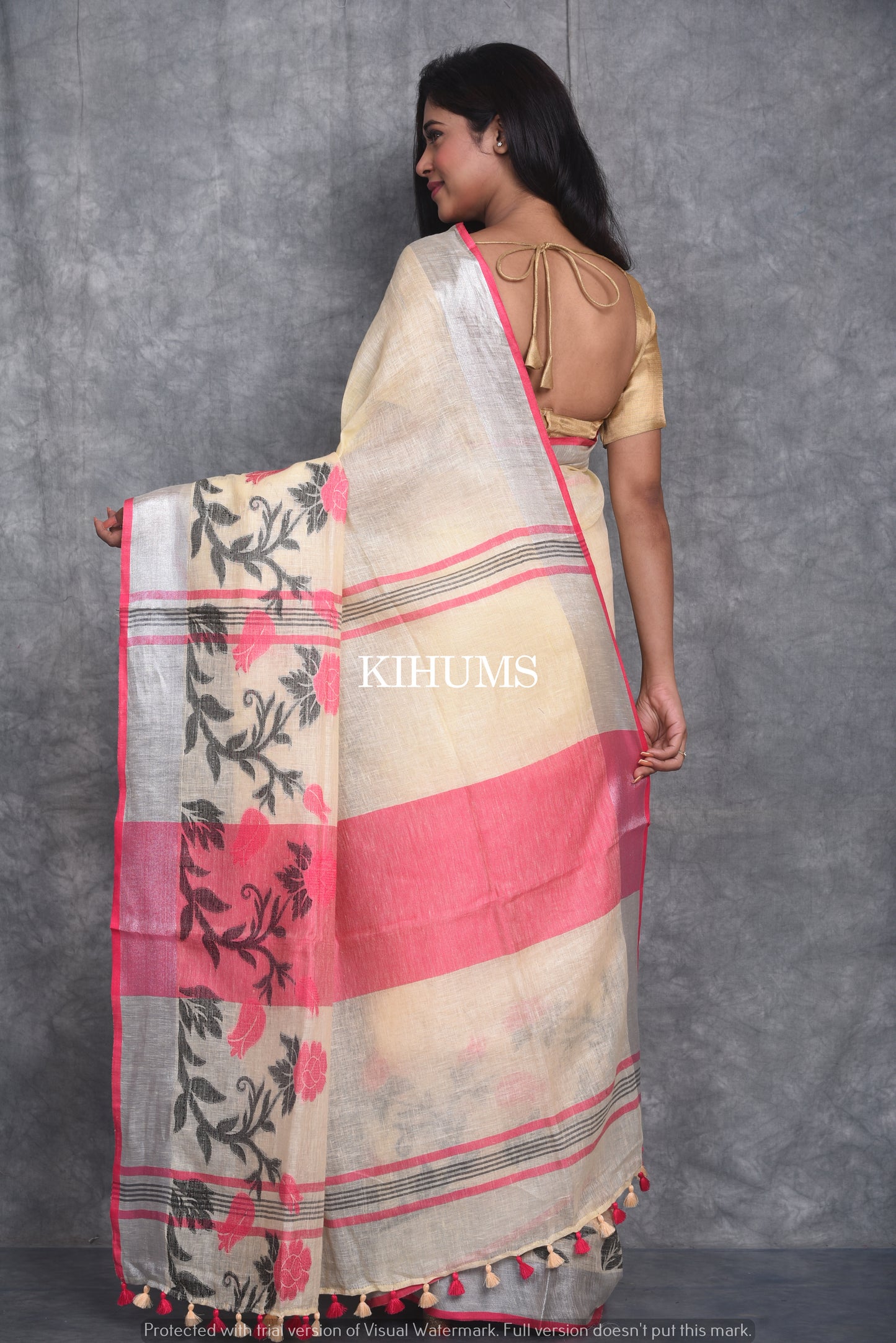 Light Yellow Pure Handloom Linen Saree | Thread Woven Floral Design | Silver Zari borders | KIHUMS Saree