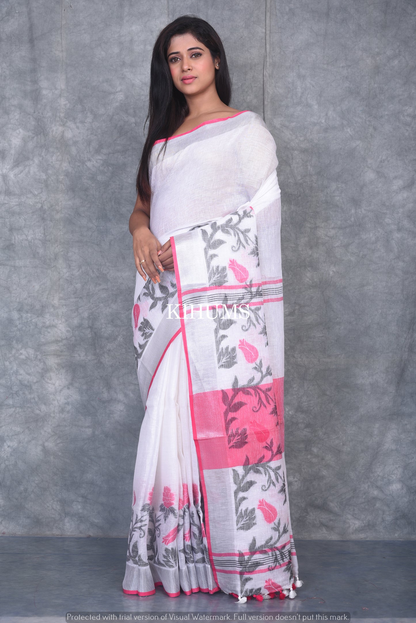 White Pure Handloom Linen Saree | Thread Woven Floral Design | Silver Zari borders | KIHUMS Saree