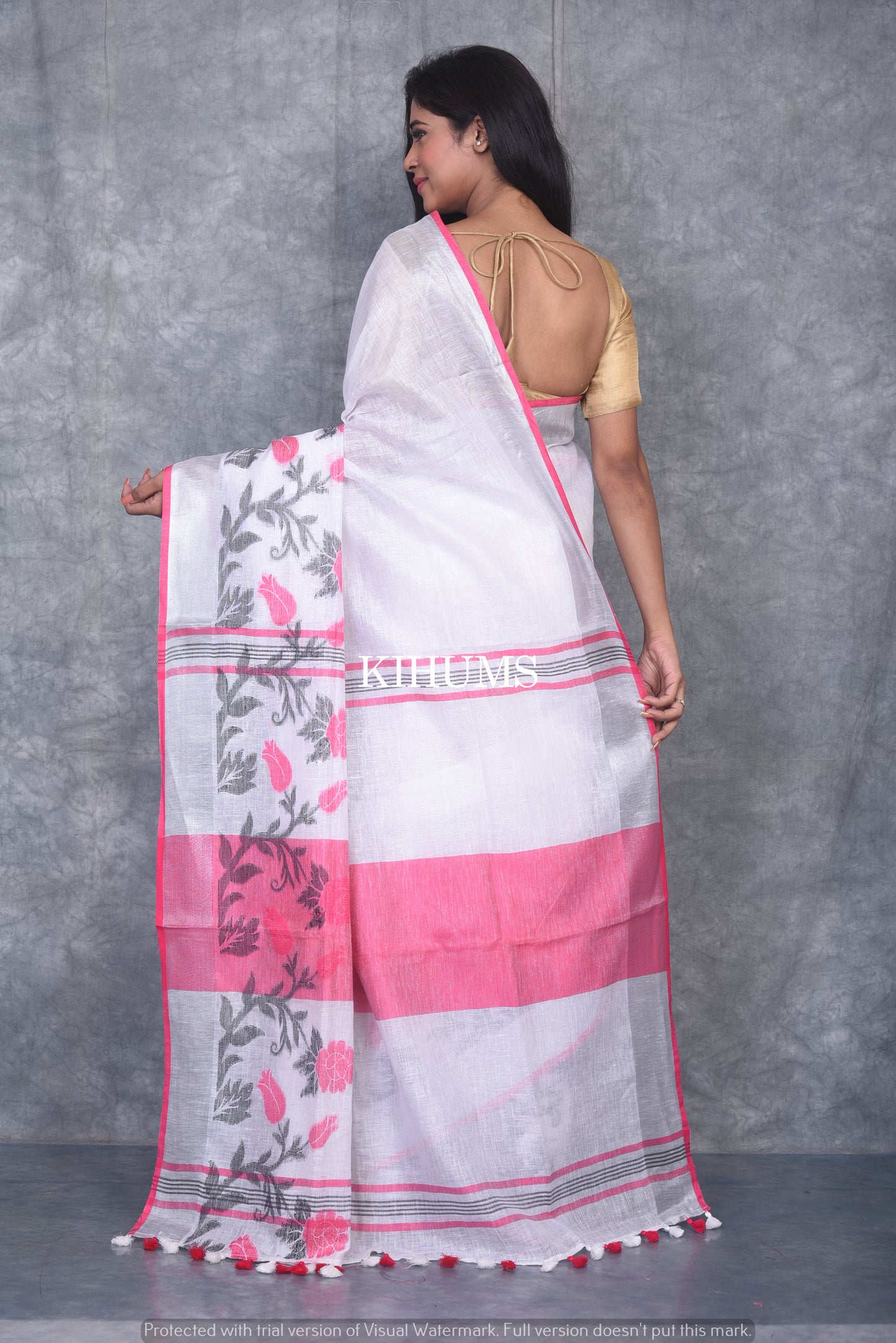 White Pure Handloom Linen Saree | Thread Woven Floral Design | Silver Zari borders | KIHUMS Saree