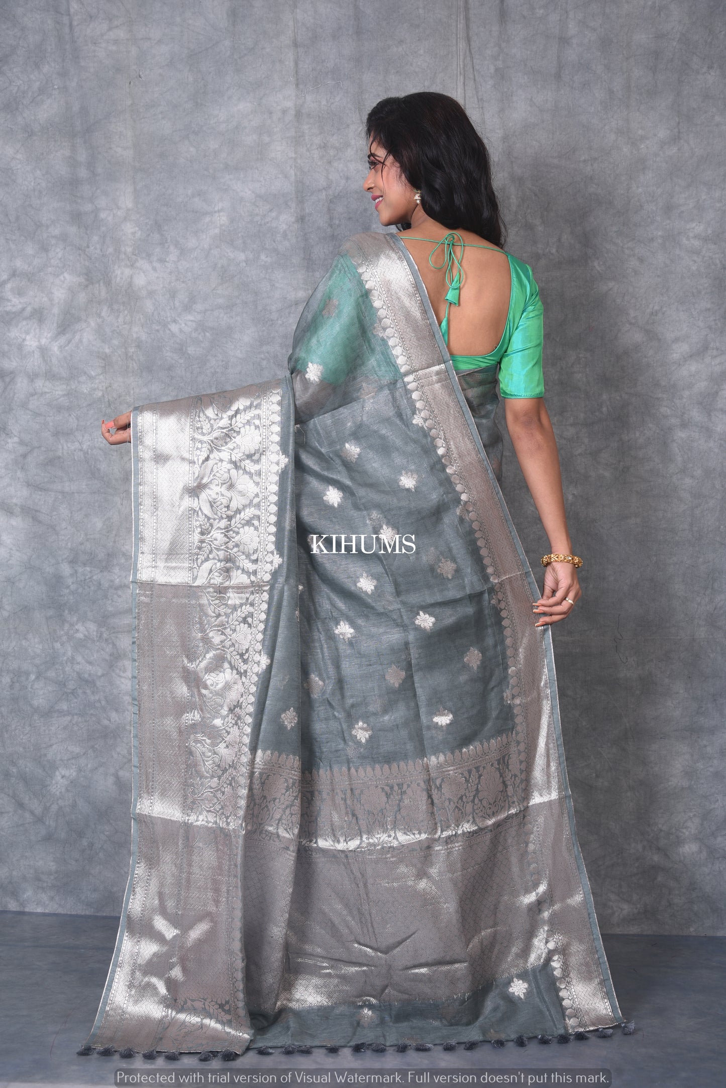 Grey Banarasi Silk Linen Saree | Silver Zari Border | Grey Body | KIHUMS Saree