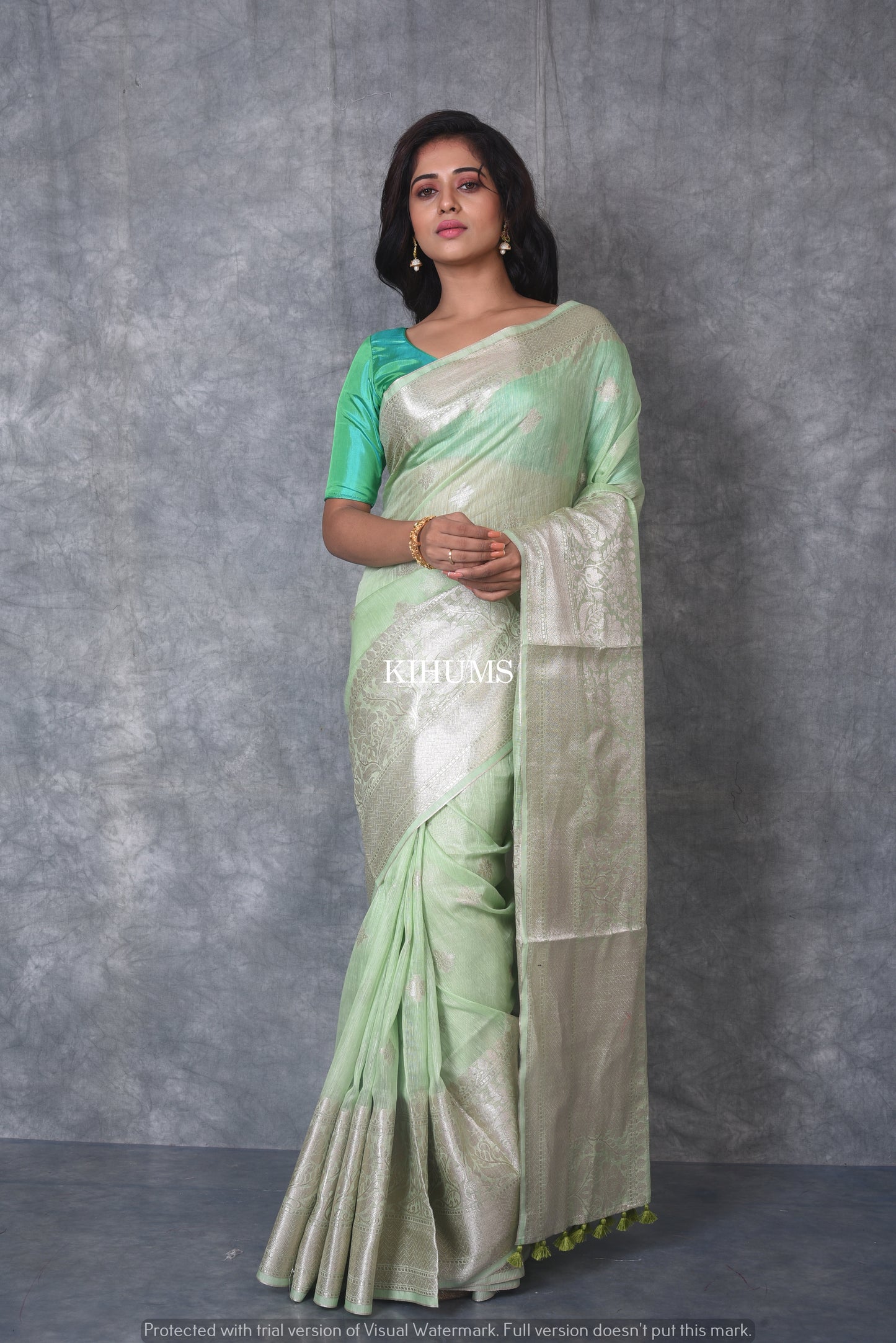 Light Green Banarasi Silk Linen Saree | Silver Zari Border | Grey Body | KIHUMS Saree