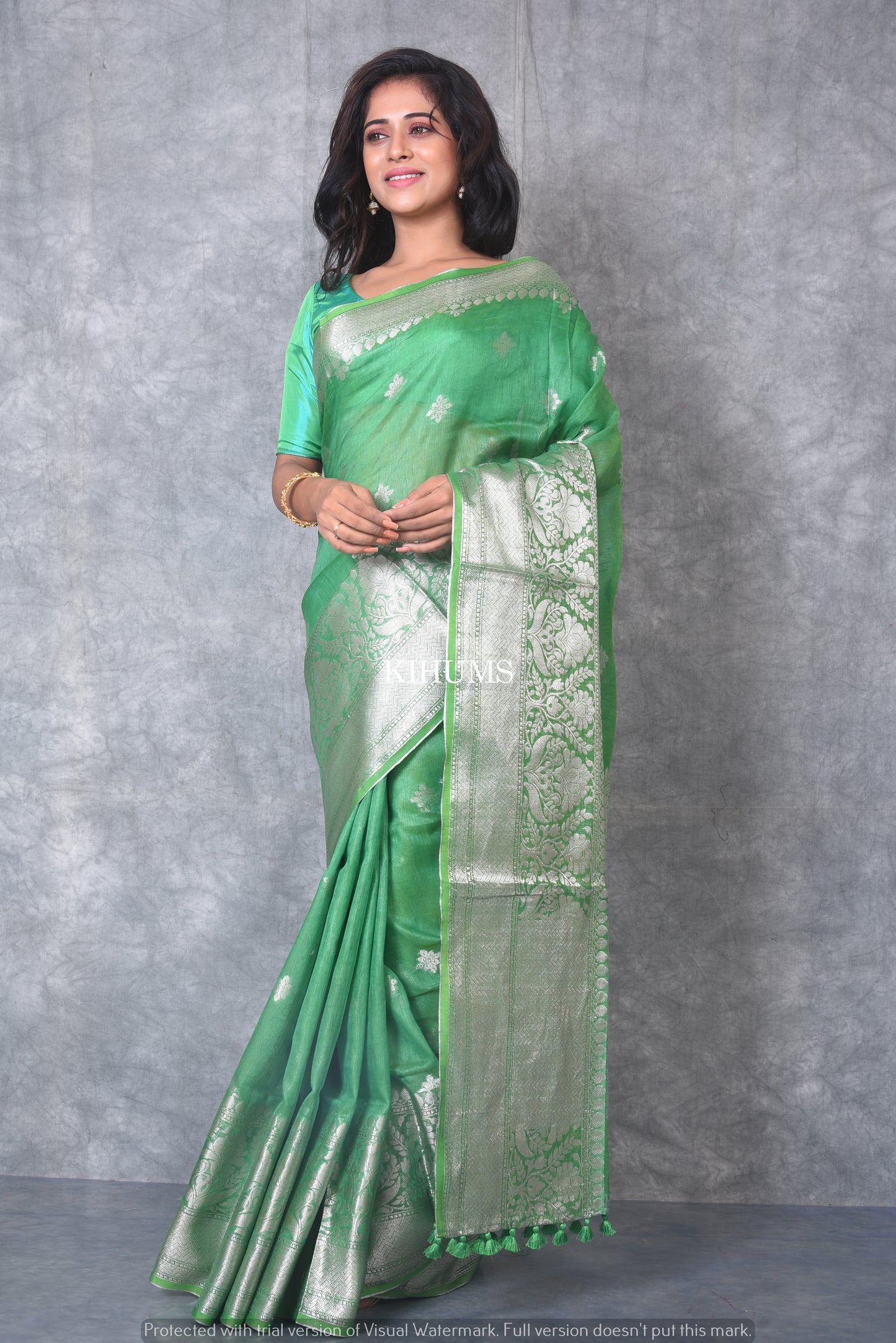 Green Banarasi Silk Linen Saree | Silver Zari Border | KIHUMS Saree