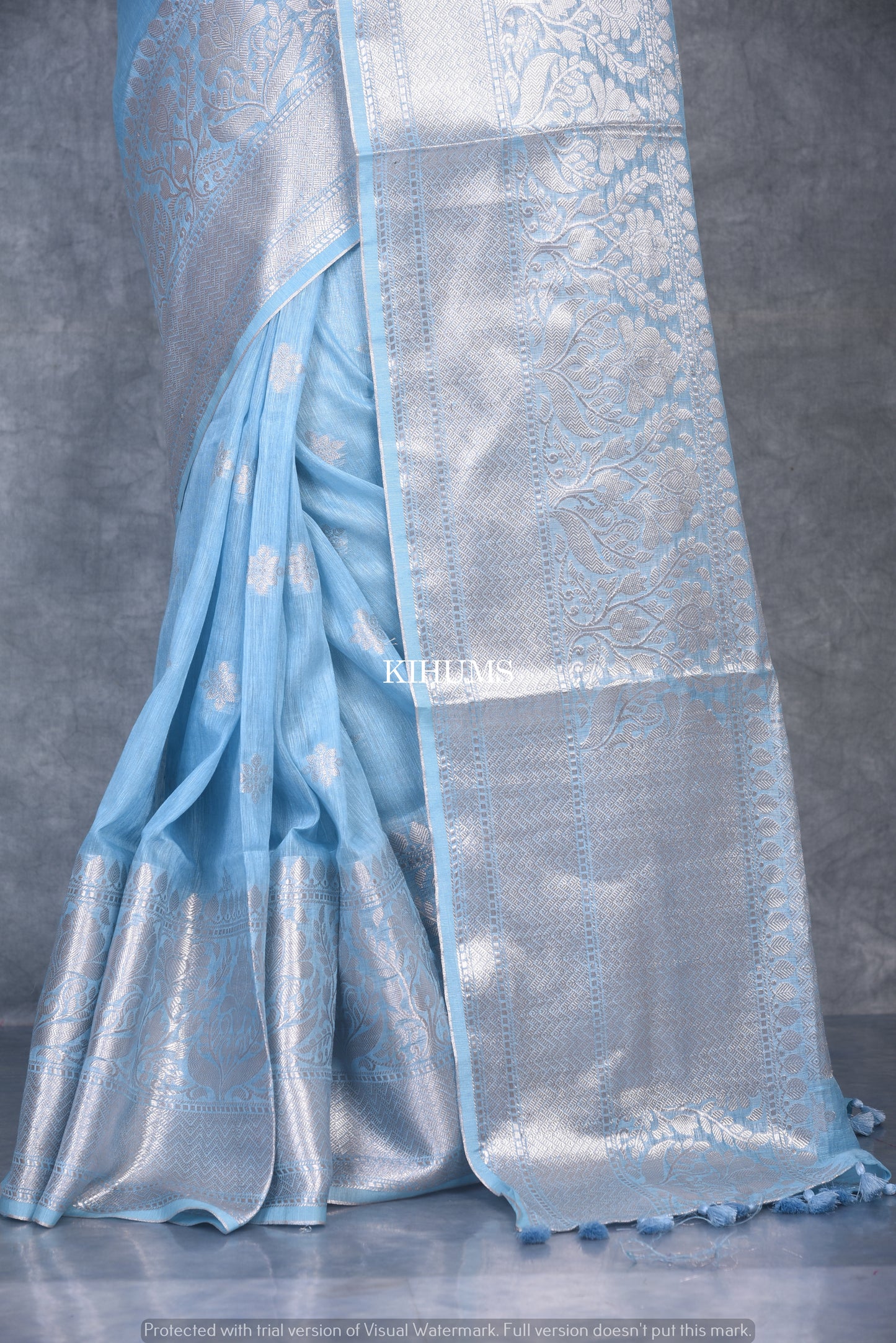 Ice Blue Banarasi Silk Linen Saree | Silver Zari Border | KIHUMS Saree