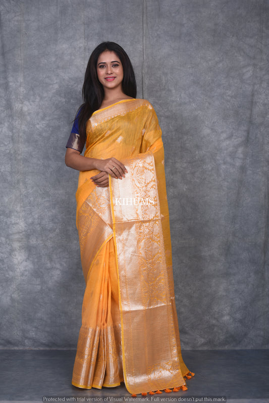 Yellow Shade Banarasi Silk Linen Saree | Silver Zari Border | KIHUMS Saree