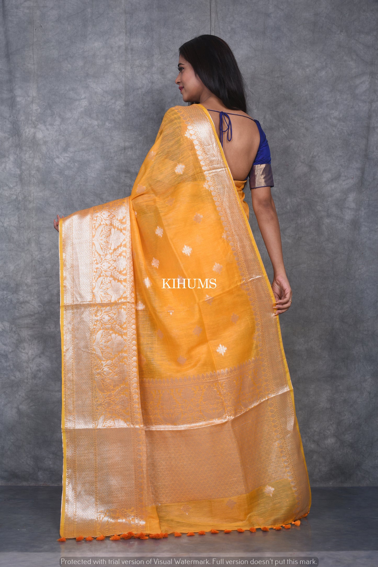 Yellow Shade Banarasi Silk Linen Saree | Silver Zari Border | KIHUMS Saree