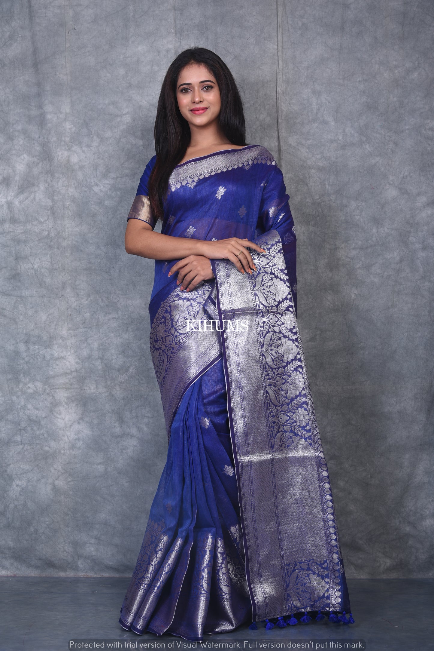 Dark Blue Shade Banarasi Silk Linen Saree | Silver Zari Border | KIHUMS Saree