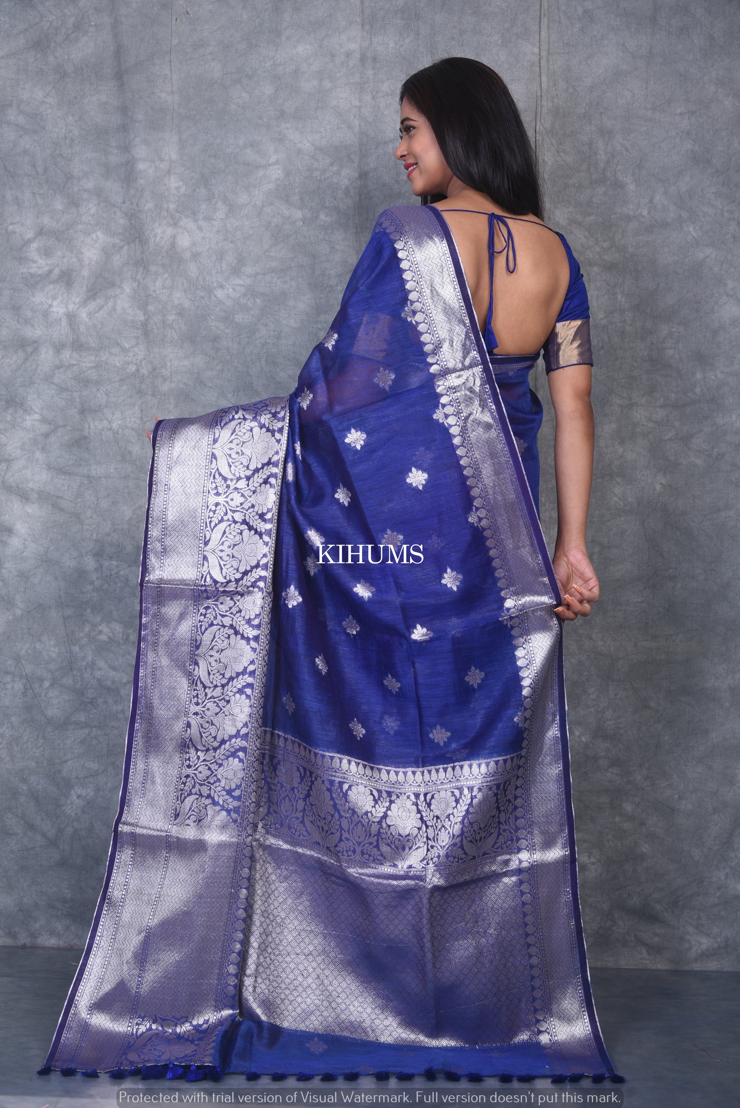 Dark Blue Shade Banarasi Silk Linen Saree | Silver Zari Border | KIHUMS Saree