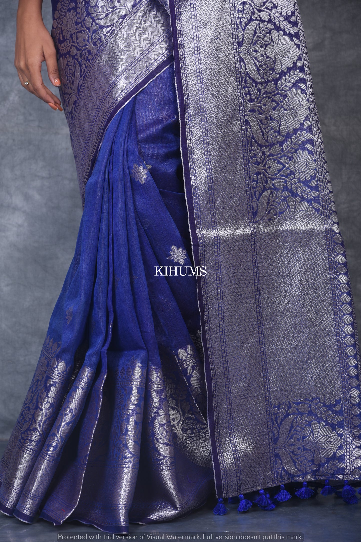 Dark Blue Shade Banarasi Silk Linen Saree | Silver Zari Border | KIHUMS Saree