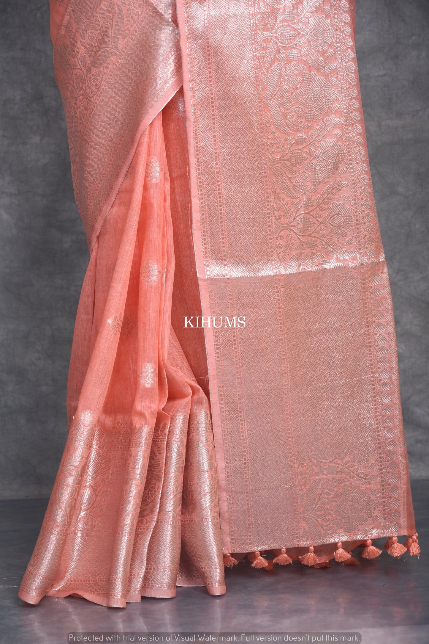 Peach Shade Banarasi Silk Linen Saree | Silver Zari Border | KIHUMS Saree