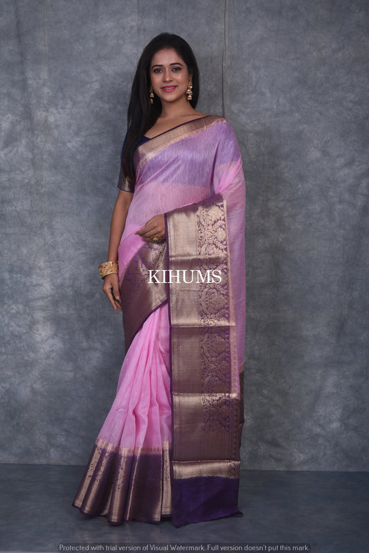 Light Pink Banarasi Silk Linen Saree | Purple and Gold Zari Border | Light Pink Body | KIHUMS Saree kihums clothing