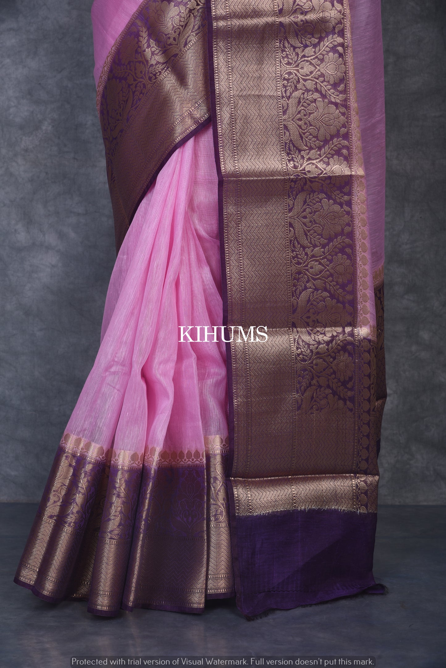 Light Pink Banarasi Silk Linen Saree | Purple and Gold Zari Border | Light Pink Body | KIHUMS Saree