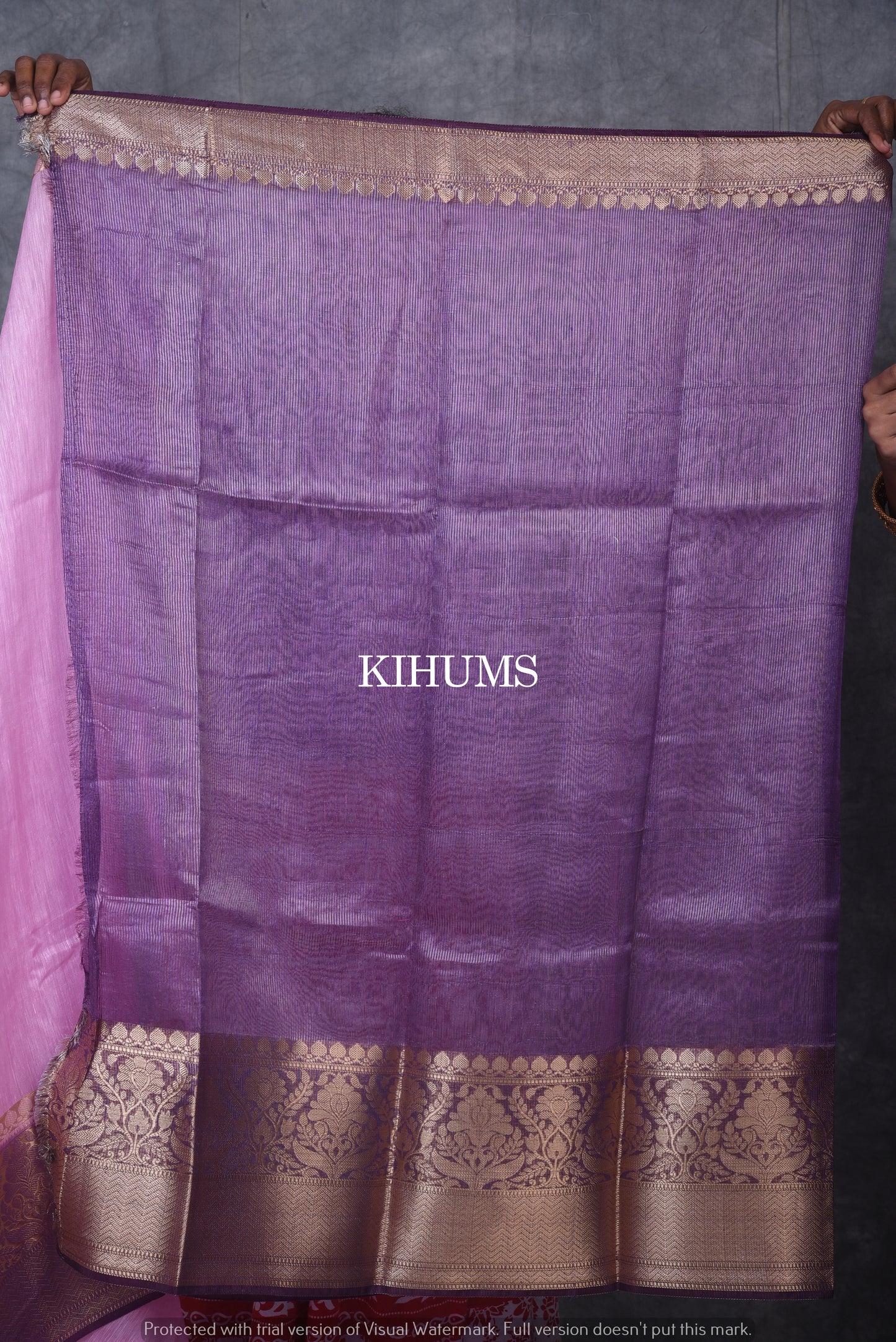 Light Pink Banarasi Silk Linen Saree | Purple and Gold Zari Border | Light Pink Body | KIHUMS Saree