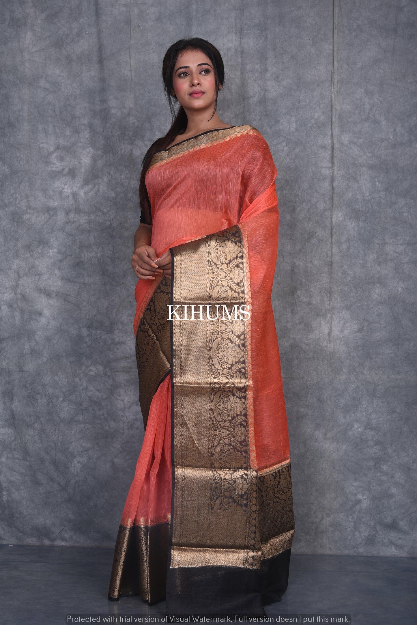 Banarasi Silk Linen Saree | Black and Gold Zari Border | Red Body | KIHUMS Saree