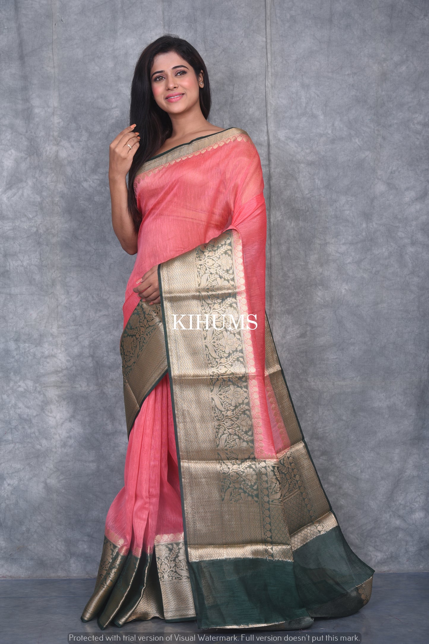 Banarasi Silk Linen Saree | Dark Green and Gold Zari Border | Tomato Pink Body | KIHUMS Saree