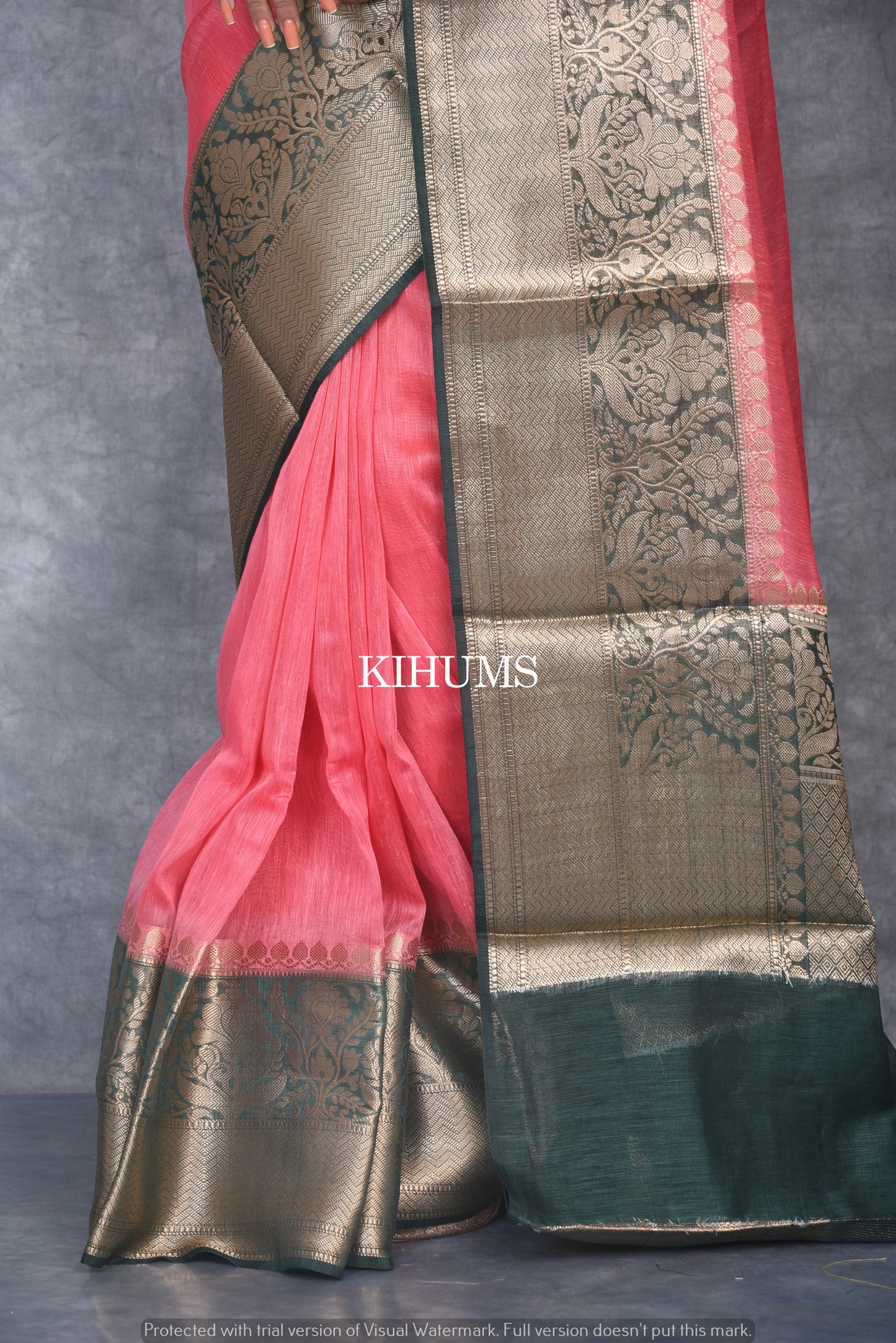 Banarasi Silk Linen Saree | Dark Green and Gold Zari Border | Tomato Pink Body | KIHUMS Saree