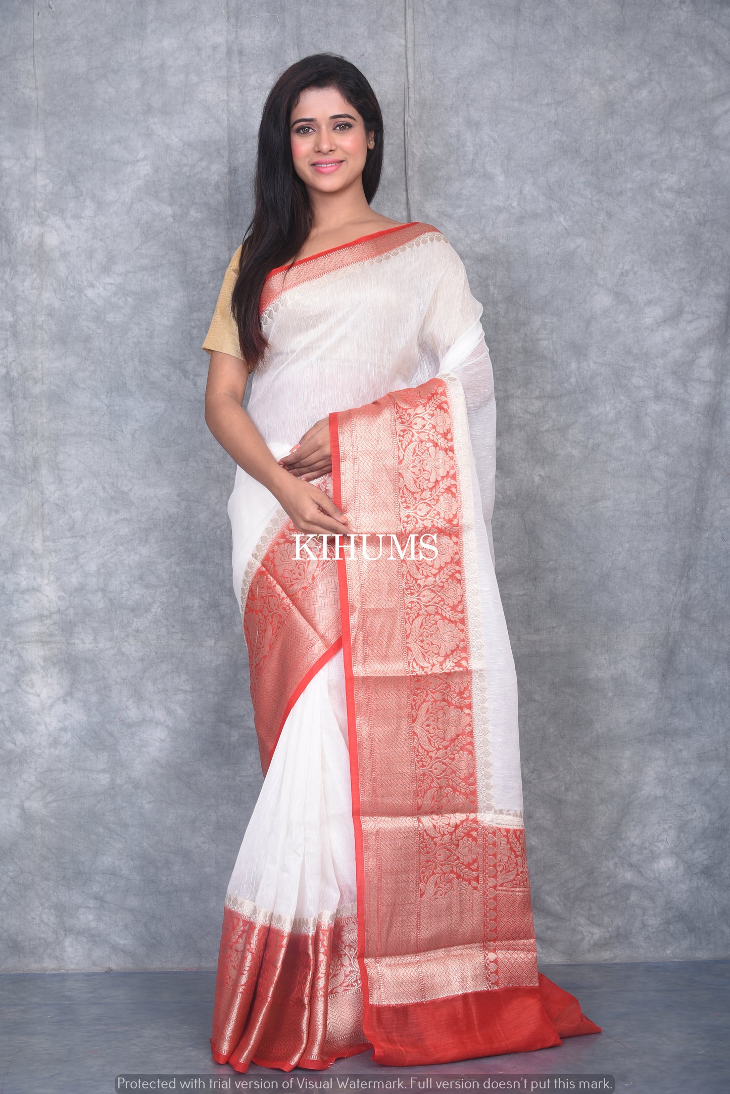 Banarasi Silk Linen Saree | Red and Gold Zari Border | White Body | KIHUMS Saree