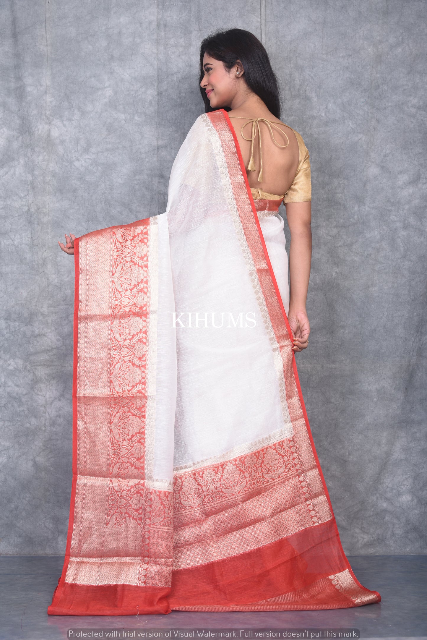 Banarasi Silk Linen Saree | Red and Gold Zari Border | White Body | KIHUMS Saree