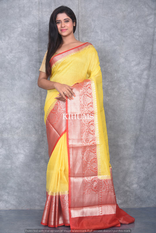 Banarasi Silk Linen Saree | Red and Silver Zari Border | Yellow Body | KIHUMS Saree