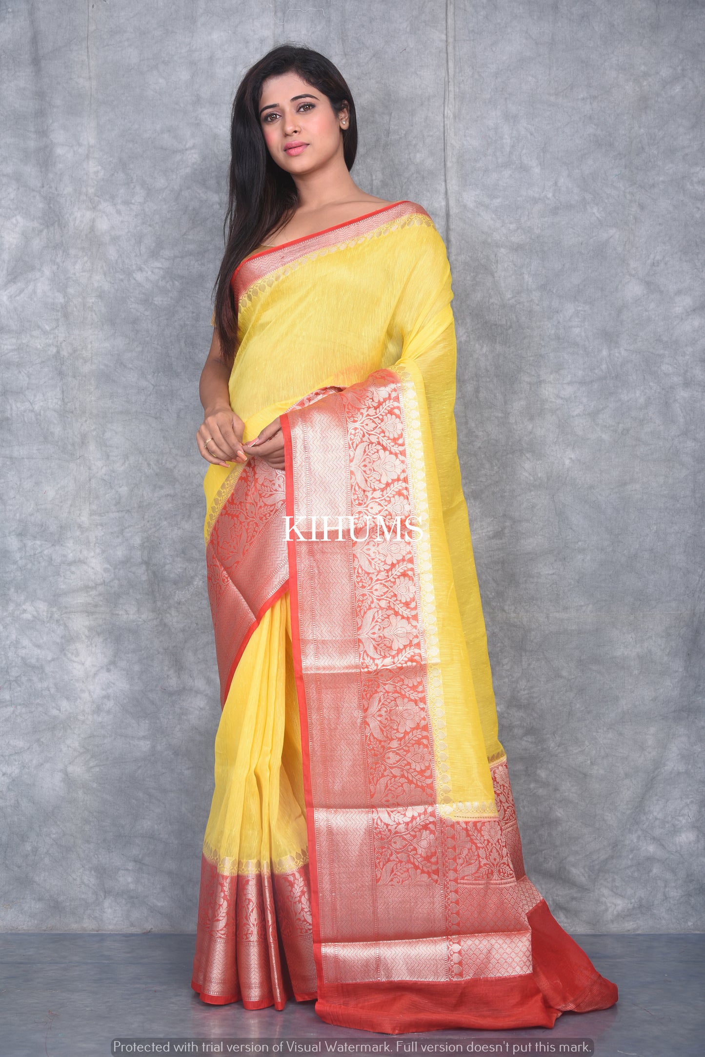 Banarasi Silk Linen Saree | Red and Silver Zari Border | Yellow Body | KIHUMS Saree