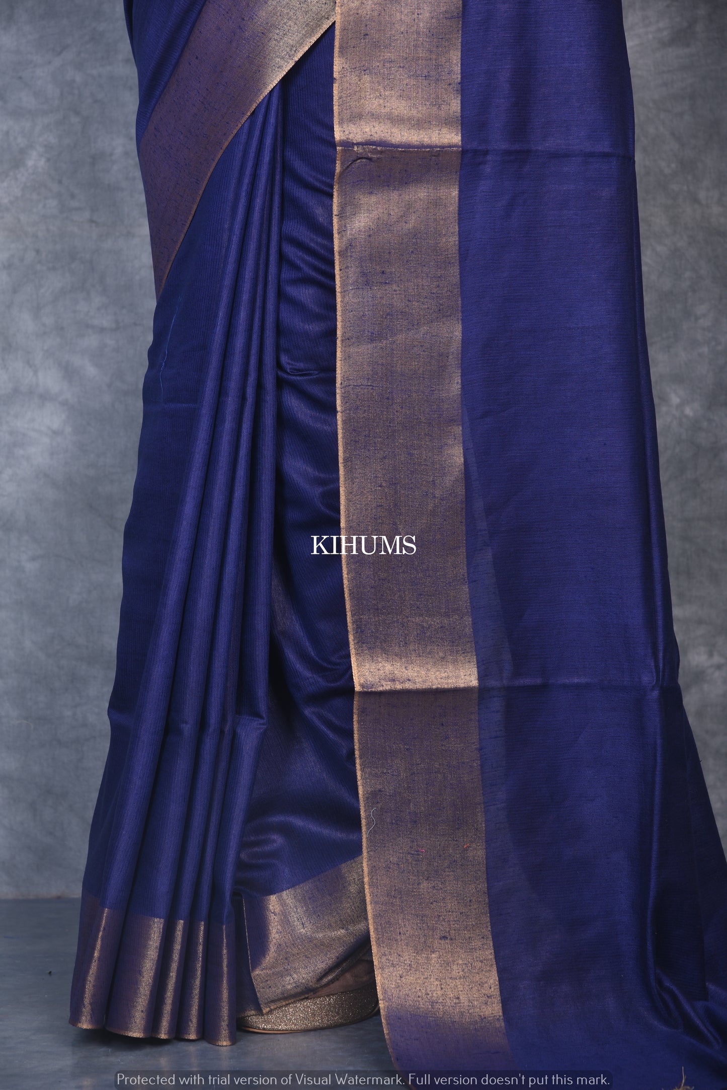 Dark Blue Shade Handmade Cotton Silk Saree | Gold Zari Border | KIHUMS Saree