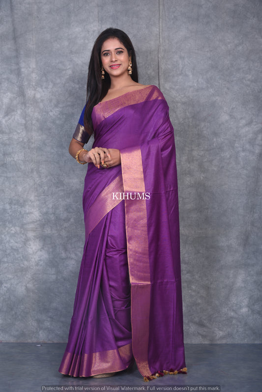 Dark Purple Shade Handmade Cotton Silk Saree | Gold Zari Border | KIHUMS Saree