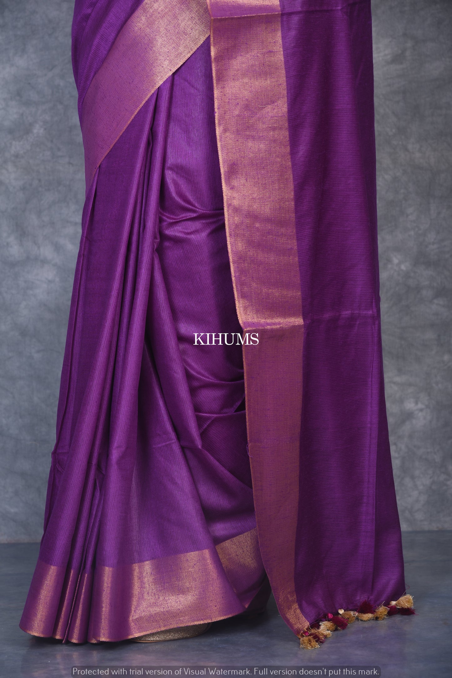 Dark Purple Shade Handmade Cotton Silk Saree | Gold Zari Border | KIHUMS Saree