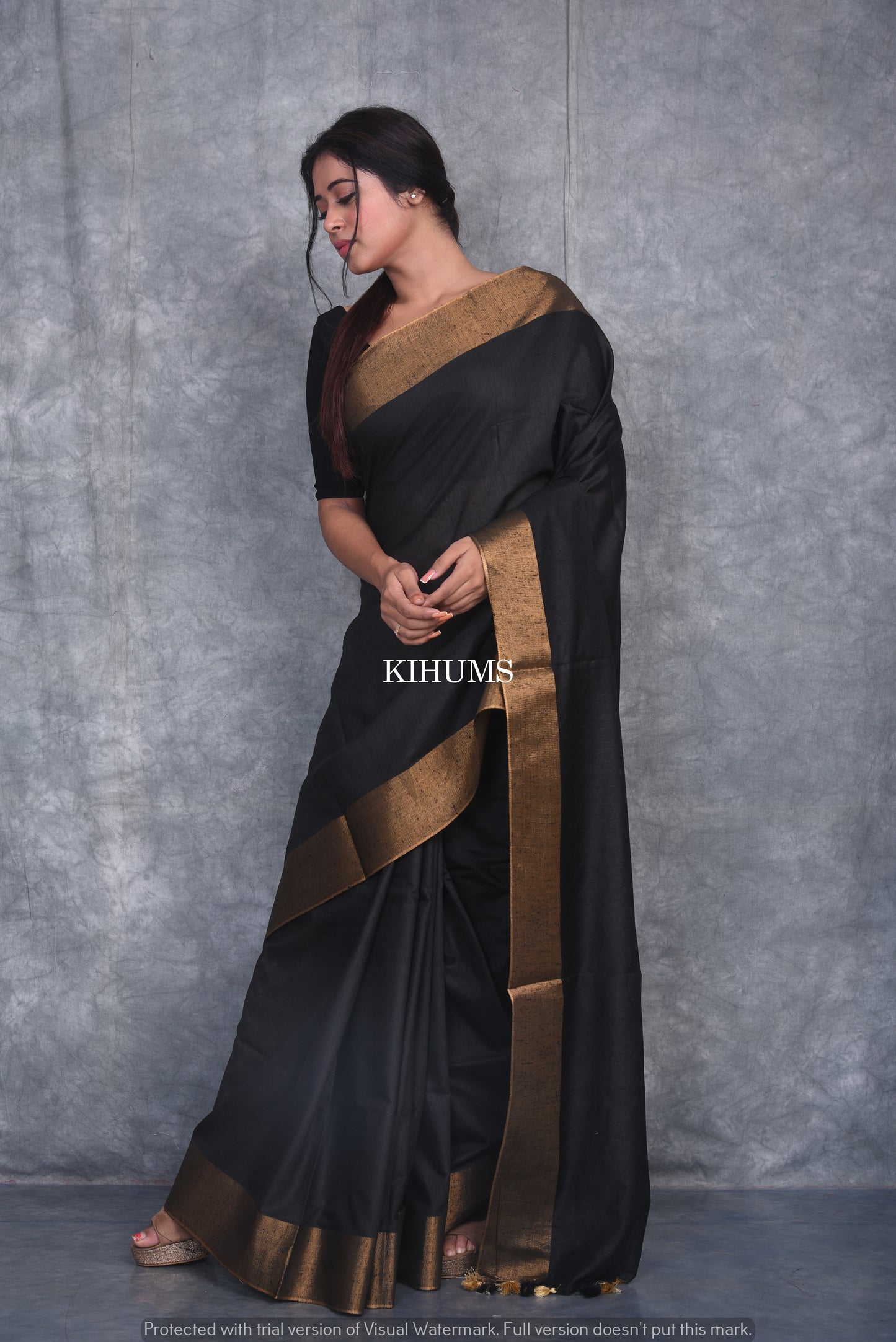Black Handmade Cotton Silk Saree | Gold Zari Border | KIHUMS Saree