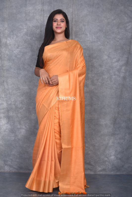 Light Orange Handmade Cotton Silk Saree | Gold Zari Border | KIHUMS Saree