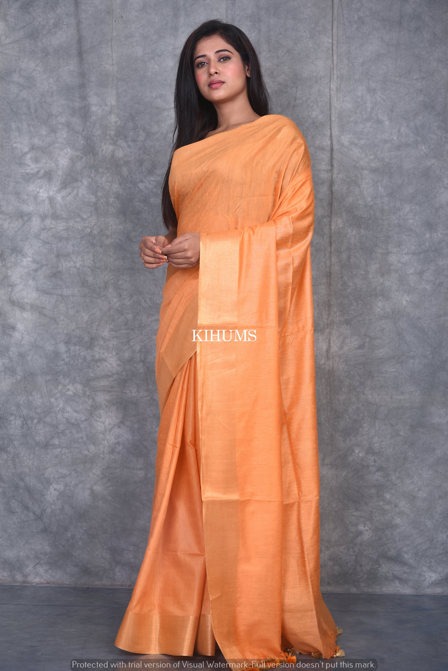 Light Orange Handmade Cotton Silk Saree | Gold Zari Border | KIHUMS Saree