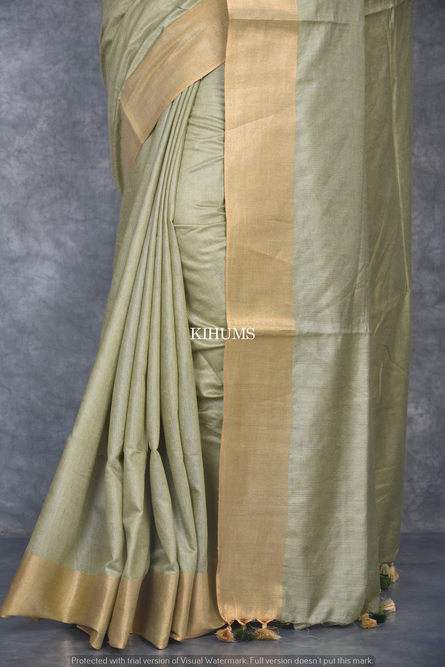 Olive Shade Handmade Cotton Silk Saree | Gold Zari Border | KIHUMS Saree