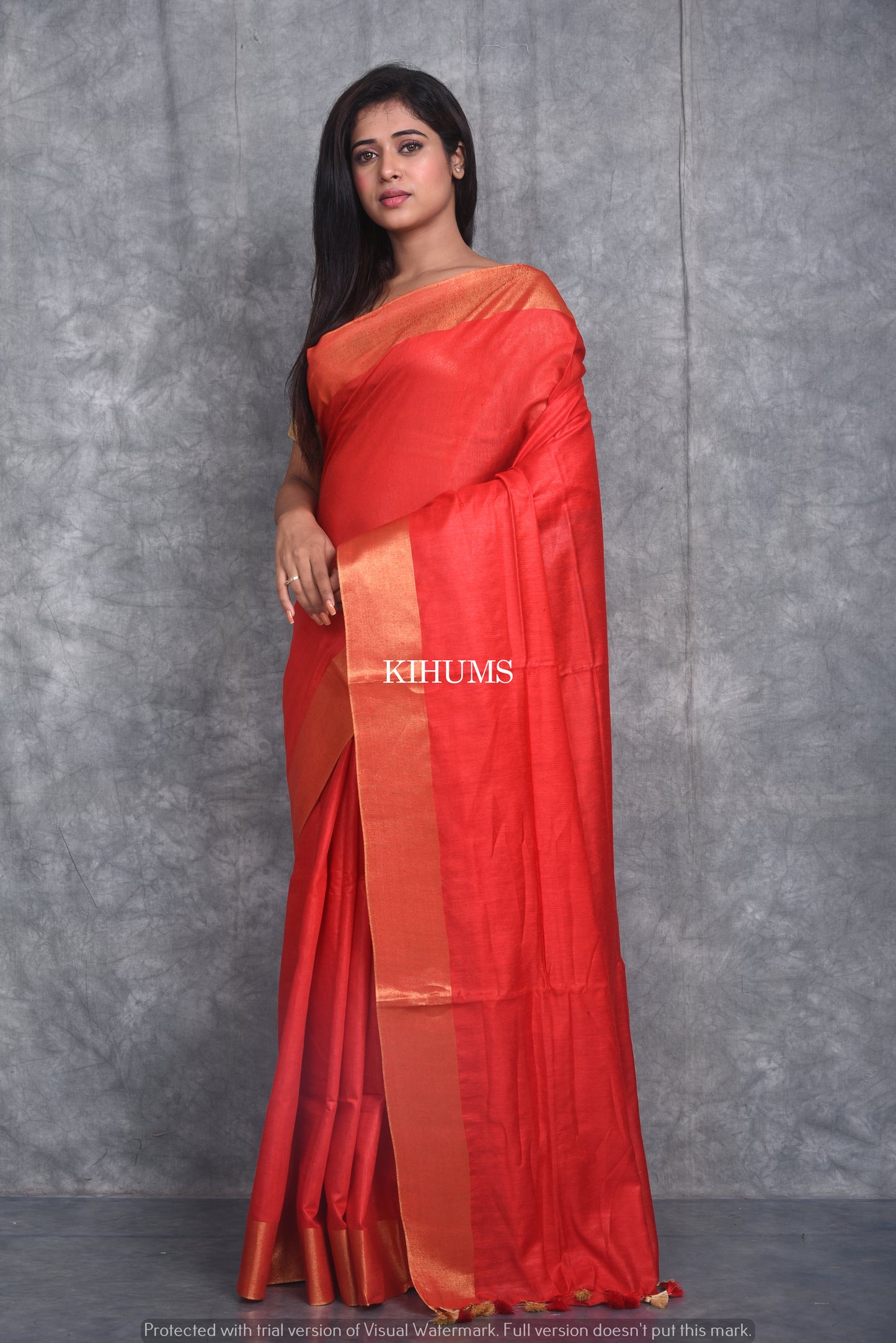 Red Shade Handmade Cotton Silk Saree | Gold Zari Border | KIHUMS Saree