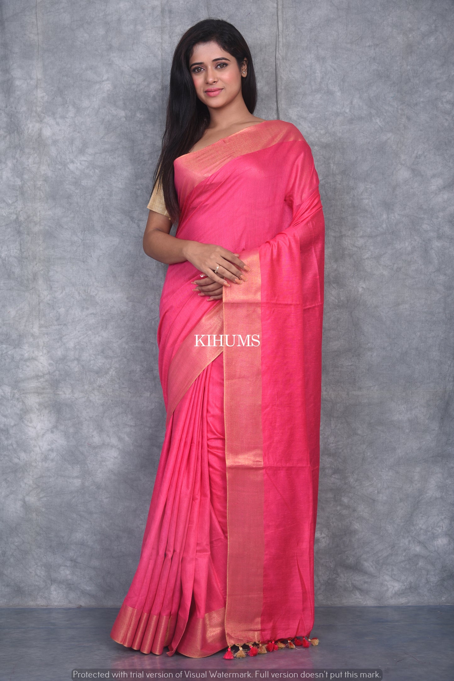 Pink Shade Handmade Cotton Silk Saree | Gold Zari Border | KIHUMS Saree
