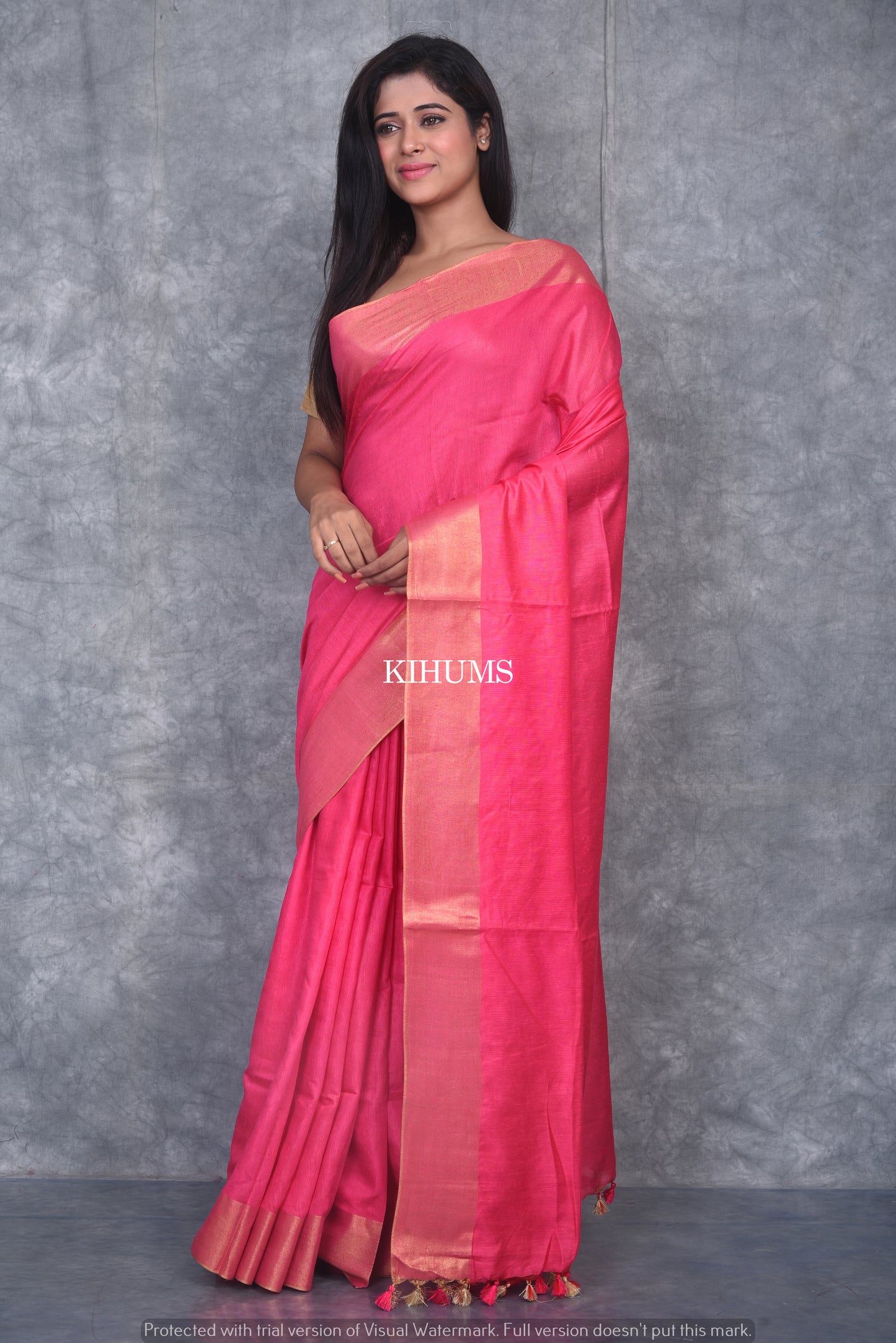 Pink Shade Handmade Cotton Silk Saree | Gold Zari Border | KIHUMS Saree
