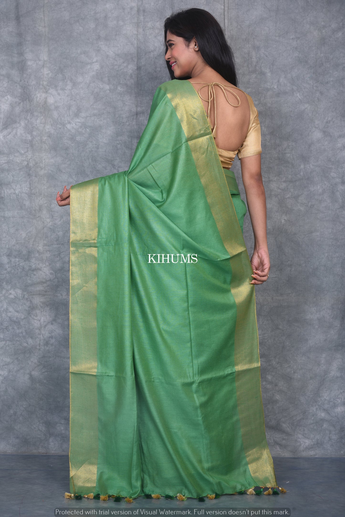 Green Shade Handmade Cotton Silk Saree | Gold Zari Border | KIHUMS Saree