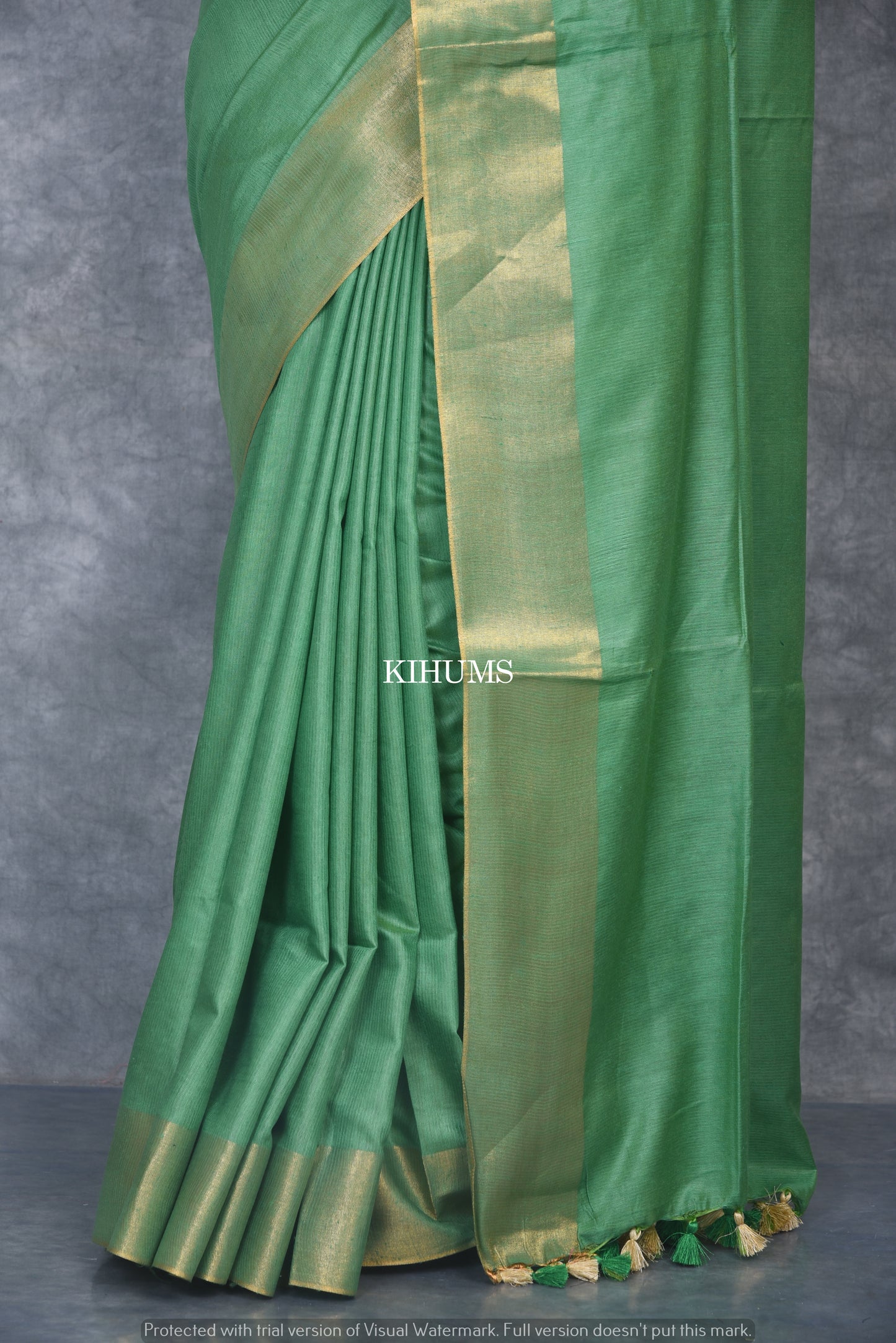 Green Shade Handmade Cotton Silk Saree | Gold Zari Border | KIHUMS Saree