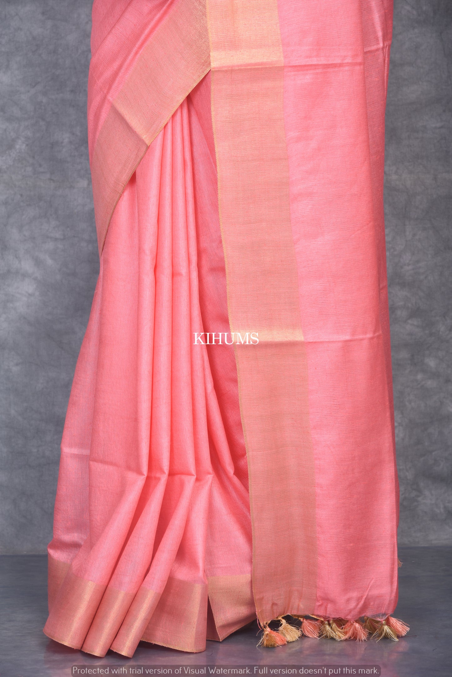 Peach shade Handmade Cotton Silk Saree | Gold Zari Border | KIHUMS Saree
