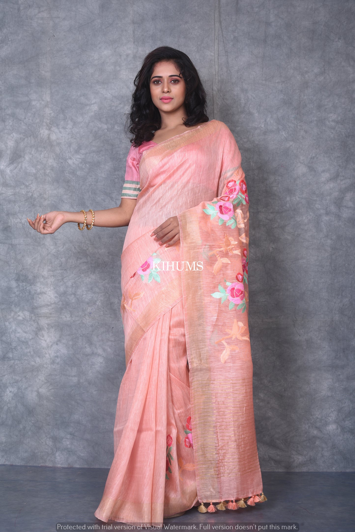 Silk Linen with hand embroidery Saree - Peach linen silk | KIHUMS saree