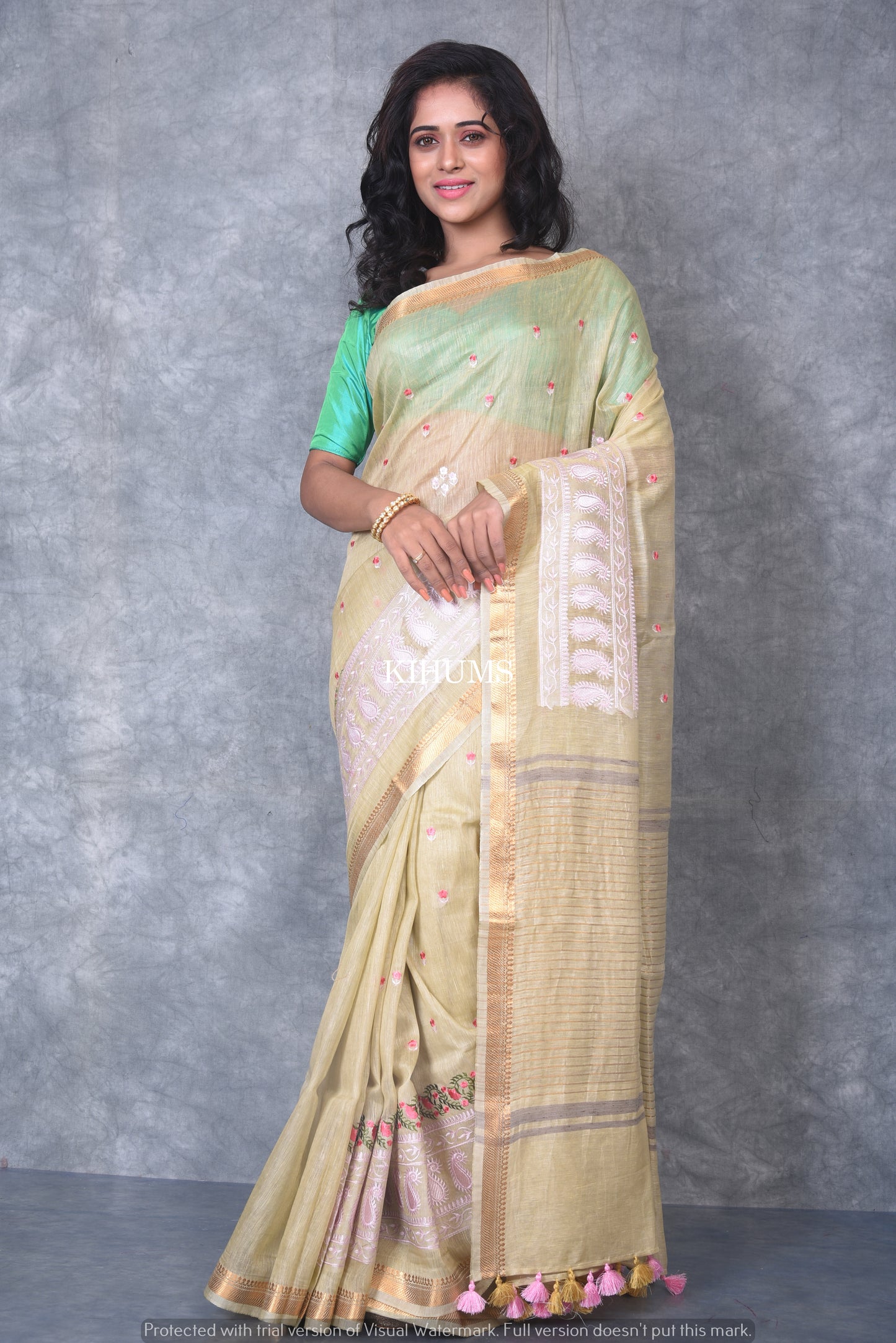 Silk Linen with hand embroidery Saree - Creamish shade linen silk | KIHUMS saree