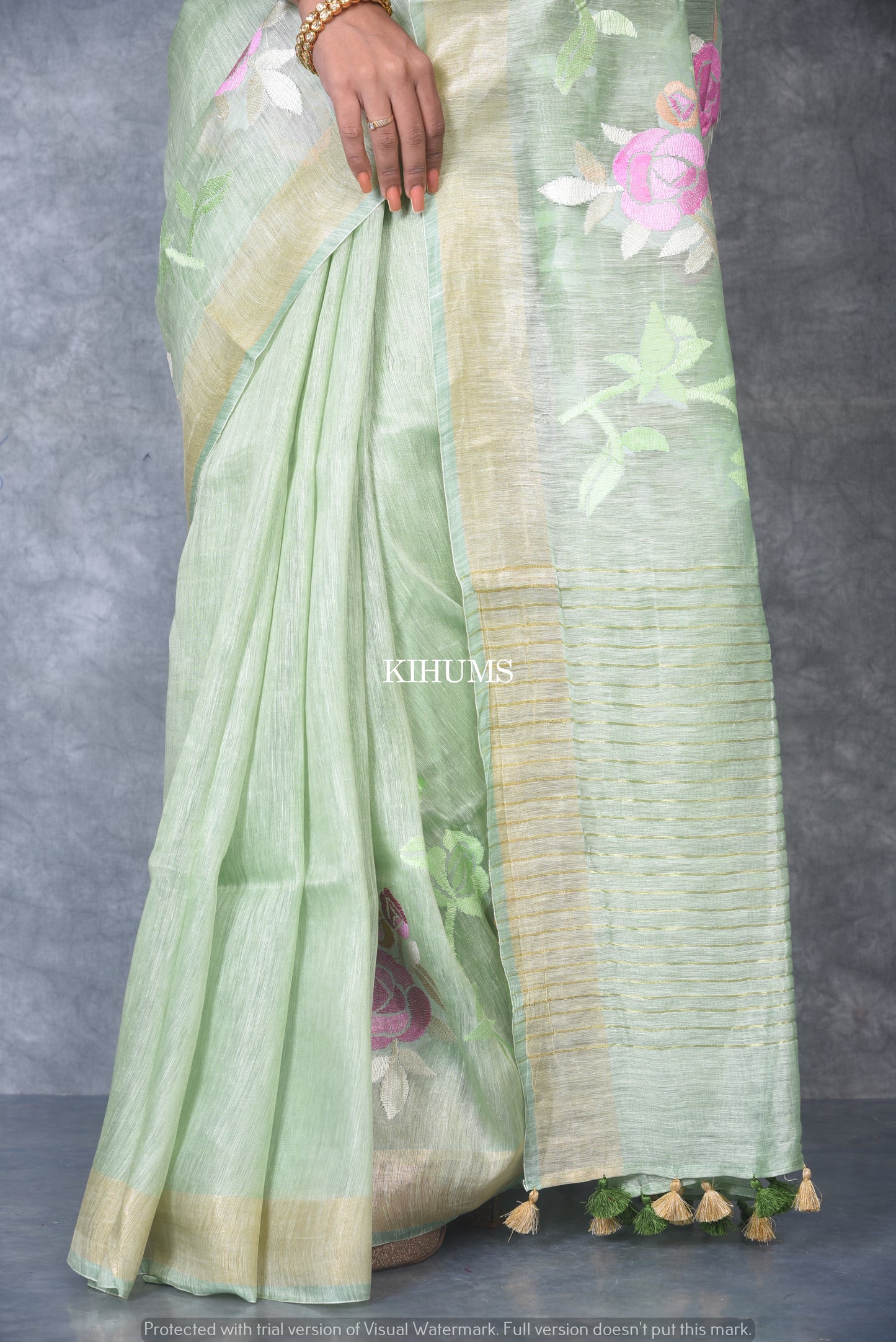 Silk Linen with hand embroidery Saree - Light Green linen silk | KIHUMS saree