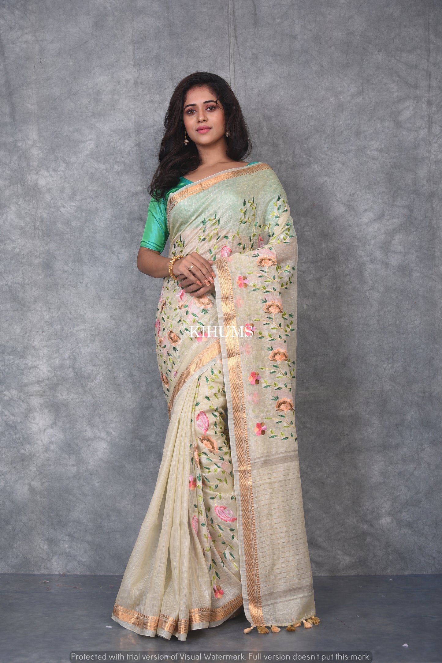 Cream Silk Linen with Floral Embroidery | KIHUMS Saree