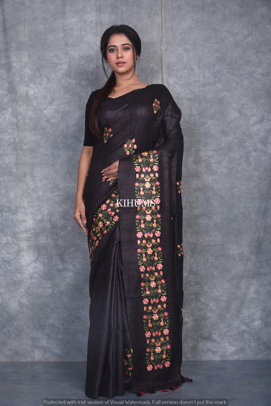 Black Tussar Silk Saree with Floral Embroidery | KIHUMS Saree