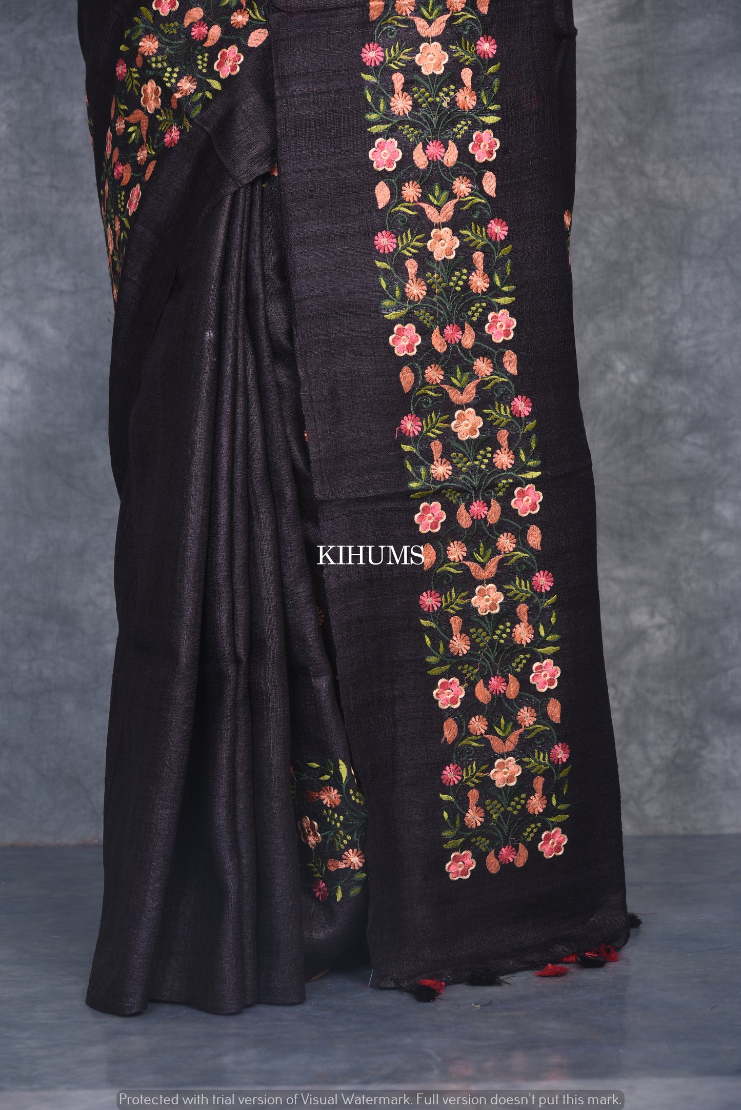 Black Tussar Silk Saree with Floral Embroidery | KIHUMS Saree