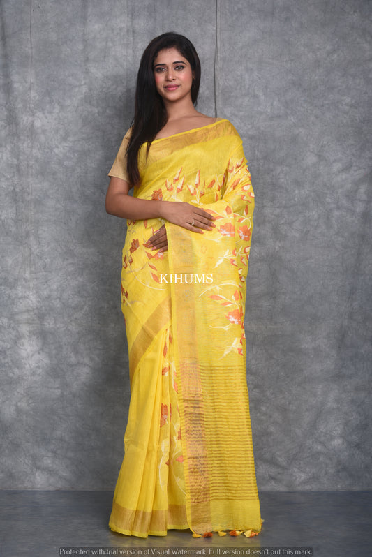 Yellow Silk Linen Saree with Floral Embroidery | KIHUMS Saree