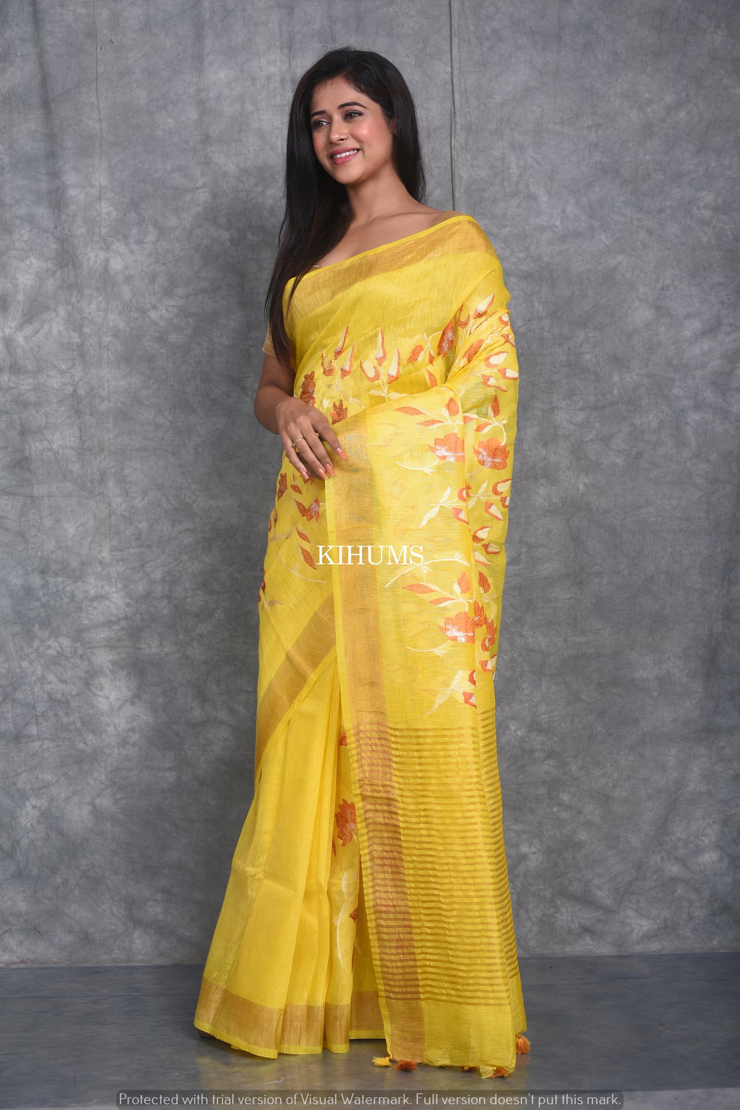 Yellow Silk Linen Saree with Floral Embroidery | KIHUMS Saree