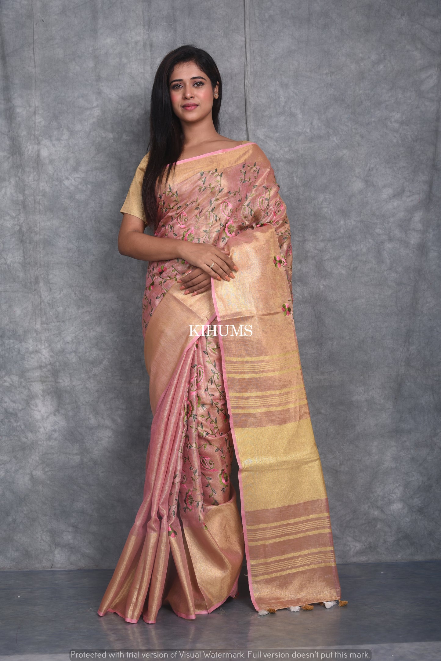 Pink and Gold Tissue Linen Saree with Floral Embroidery | KIHUMS Saree