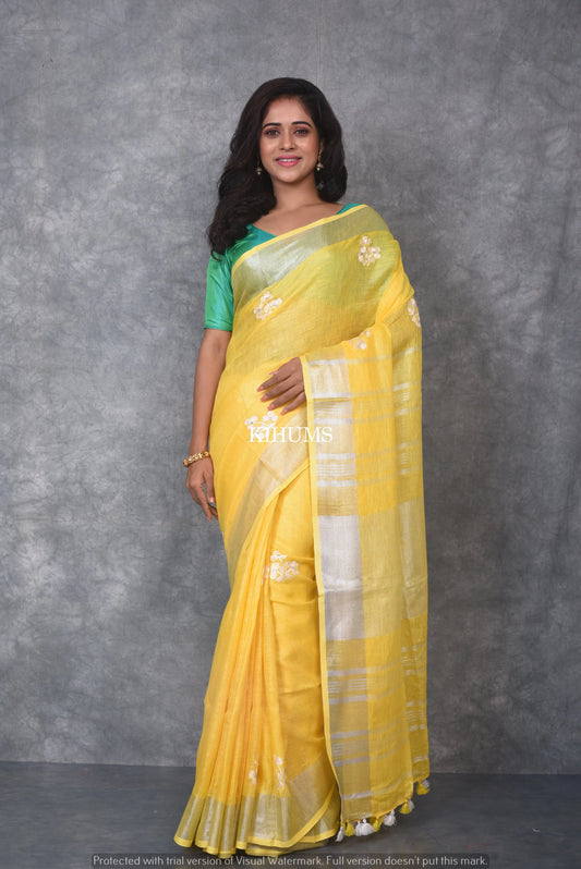 Yellow Handwoven Linen Saree with Embroidery Work | Silver Zari Border | KIHUMS Saree kihums clothing